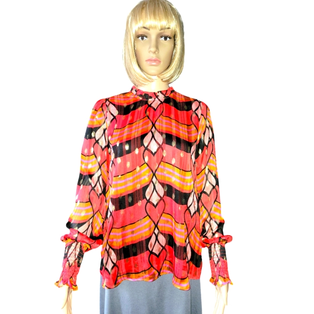 Joie Long Sleeve Blouse in Red with Gold polkadot, lined, M, NWOT